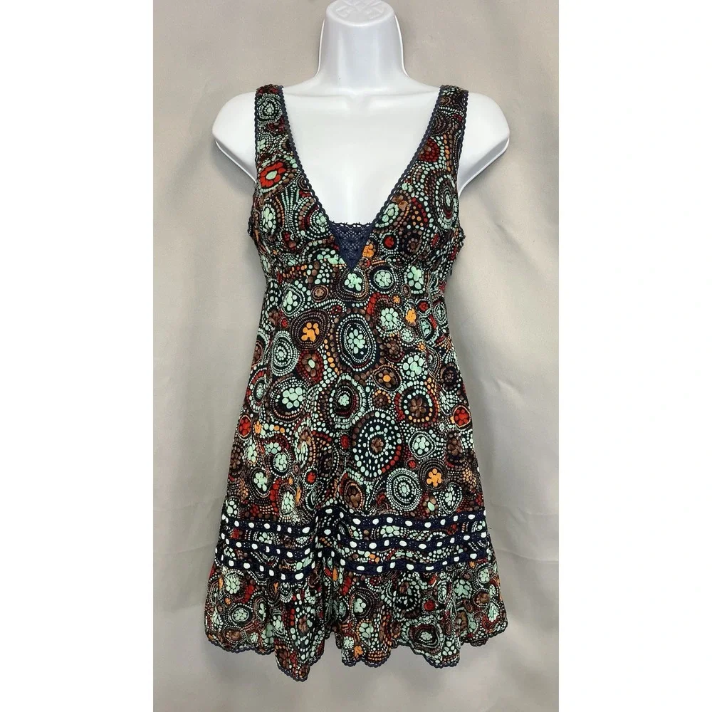 Free People Dress Multicolor With Abstract Pattern Crochet Lace Deep V Sz 0 VtG